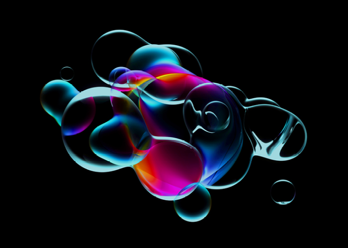 Bulles translucides et colorées flottant sur un fond noir, avec des teintes vives de bleu, violet, rose et orange